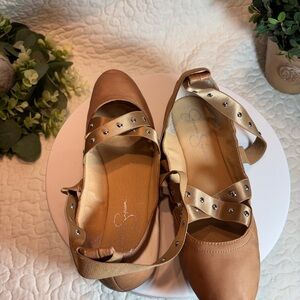 Jessica Simpson Tan Leather Studded Ballet Ankle-Strap Flats